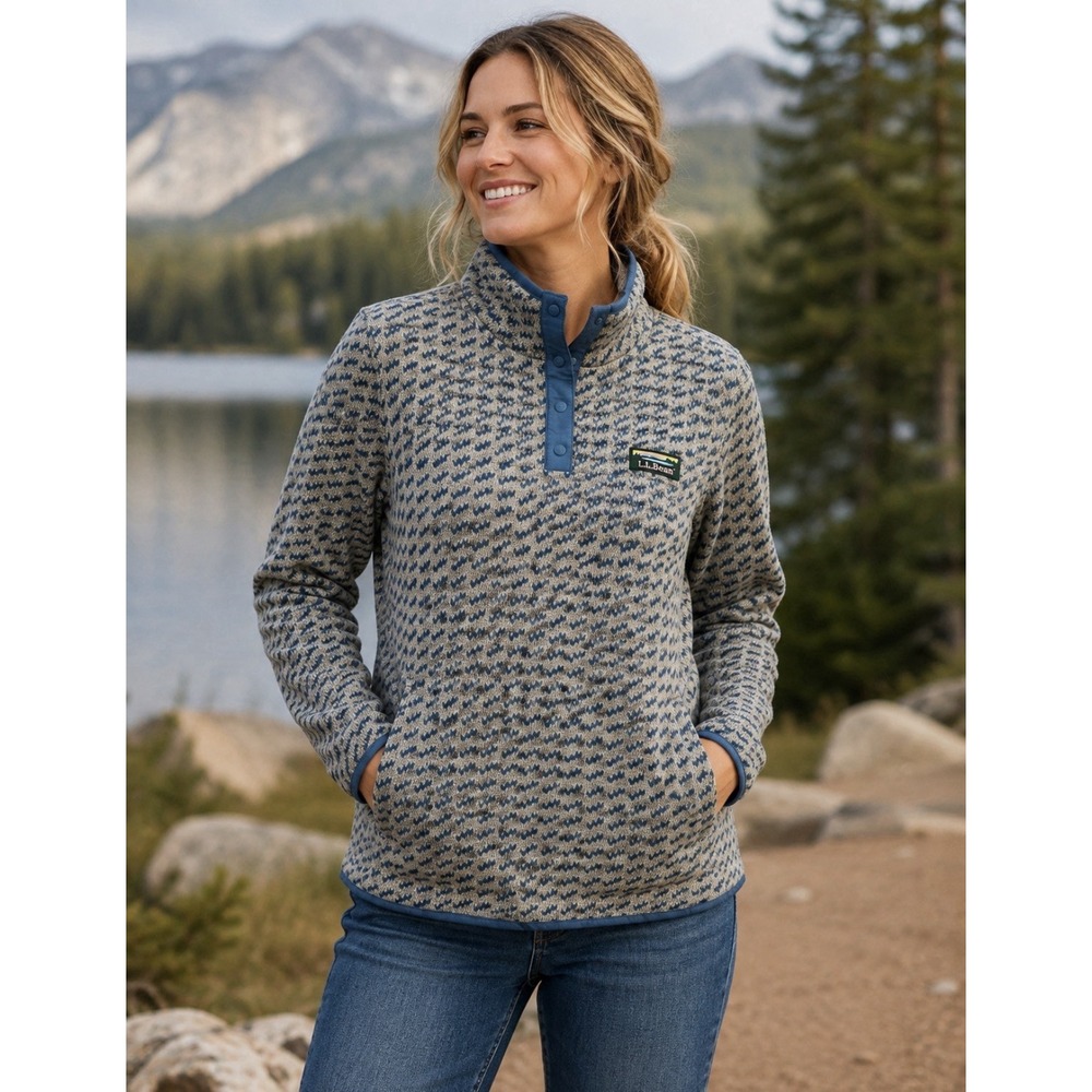 LL Bean Sweater Fleece Pullover Womens Large Blue Birds eye snap Neck Outdoor